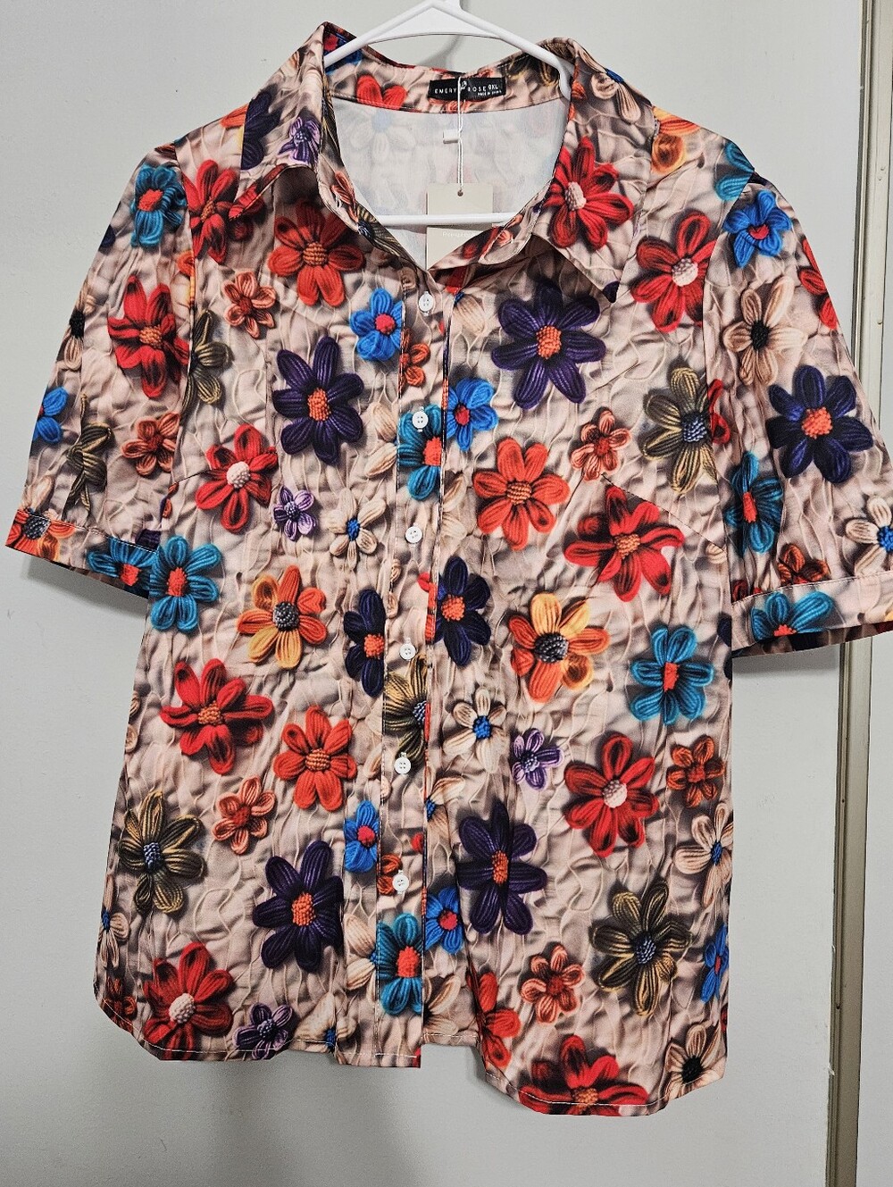 Beige Floral Short-Sleeve Button Front Top